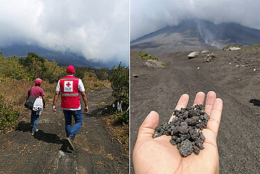 Collage des Vulkangesteins und des Wegs zum Vulkan