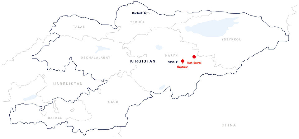 Karte von Kirgistan mit Naryn und Projektorten